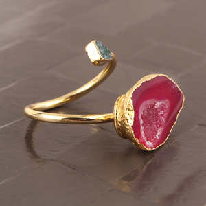 Anillo de oro de 24 quilates con piedras naturales de estilo bohemio, sortija ajustable, oro de 24 quilates, Gema verde y drusa, para boda y compromiso - Product Image 2