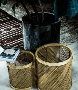 Bohemian Black Striped Handwoven Bamboo <b>Waste</b> <b>Paper</b> Basket with Handles Bamboo Baskets Storage - Product Image 2