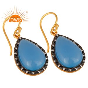 Boucles d'oreilles en argent plaqué or 18k, fabrication de bijoux indiens en argent, Cabochon de calcédoine bleue, boucles d'oreilles goutte - Product Image 2