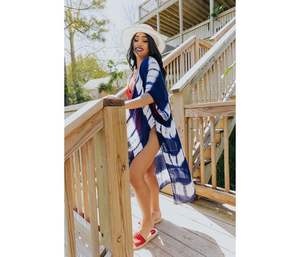 Summer Boho Women's Tie Dye Kimono Swim <b>Dress</b> <b>Long</b> <b>Sleeve</b> Open Front Casual Weave Natural Waistline Sustainable and Washable - Product Image 1