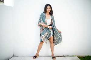 2022 nuovo Kimono Sexy blu Tie Dye da donna estivo da spiaggia abito con cintura naturale copricostumi da spiaggia - Product Image 4