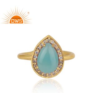 Bague en chalcédoine aqua taille poire, or indien sur argent sterling 925, bague à bande réglable, fournisseur de bijoux, collection classique - Product Image 2