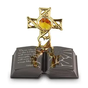 Crystocraft Bohemia Crystal Thorn Cross Figurine on Bible Gold Plated Metal Craft Personalized Engraving Baptism Gift