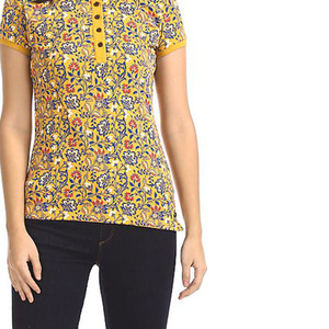 OEM venta completa de alta calidad personalizar amarillo pálido abstracto floral impreso Polo para las mujeres - Product Image 5
