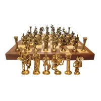 Antique Wooden Chess Board with Indian Brass Chess Pieces Set for Decoration and Playing
