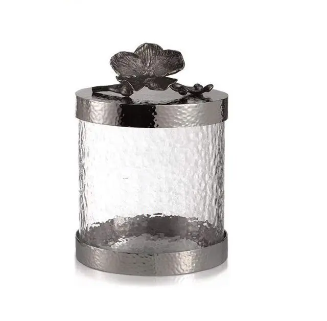 Lata de cocina de lujo de plata con tapa de diseñador de orquídeas, recipiente de almacenamiento de Metal y vidrio, contenedor decorativo y frascos