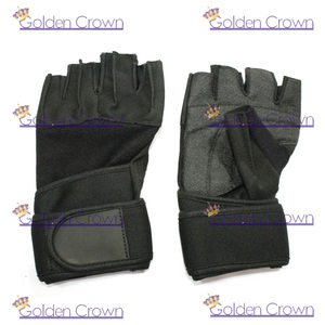 Venta al por mayor de medio dedo guantes de gimnasio de levantamiento de peso pesado de cuero y goma con correa de muñeca larga - Product Image 5