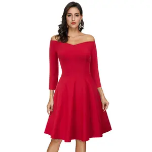 Grace Karin Retro 3/4 Sleeve Off Shoulder V-Neck Stretchy Swing Women Ladies Elegant Dresses Party