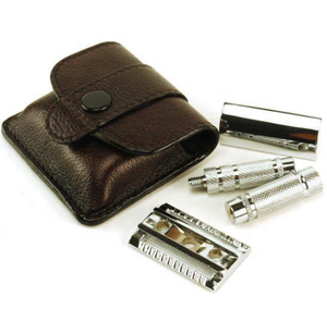 Rasoir de sécurité à lame unique et à double tranchant avec manche en bois pour le rasage du visage et du corps du barbier avec étui en cuir noir - Product Image 1