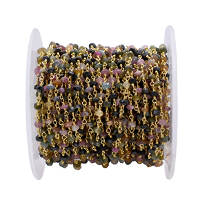 Cadena de Rosario de Turmalina Multicolor Facetada en Forma de Rondelle, 3mm, Latón, Chapado en Oro de 18K, Envuelta en Alambre, Vendida por Metro para Joyería - Product Image 1