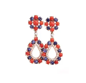 Earrings Set In Gold with Natural Italian Coral and Shappires