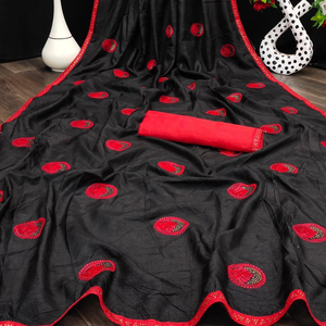 Plus belle nouveauté soie broderie travail saree avec blouse pièce femmes indiennes portent sari pas cher prix de gros Alphanumero - Product Image 1