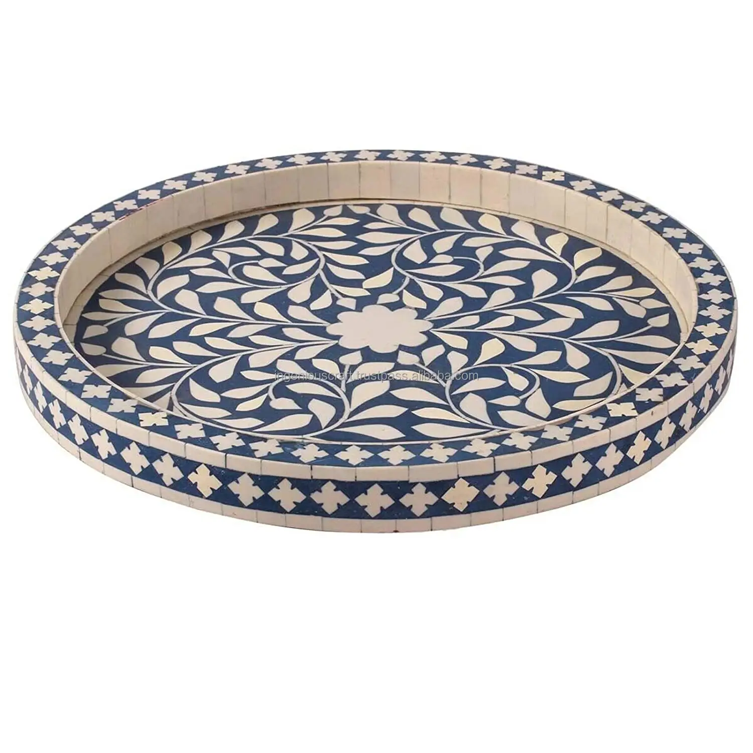 Bone Inlay Floral Design Serving Tray/simple Decorative Tray Best Quality Round Blue Round BONE