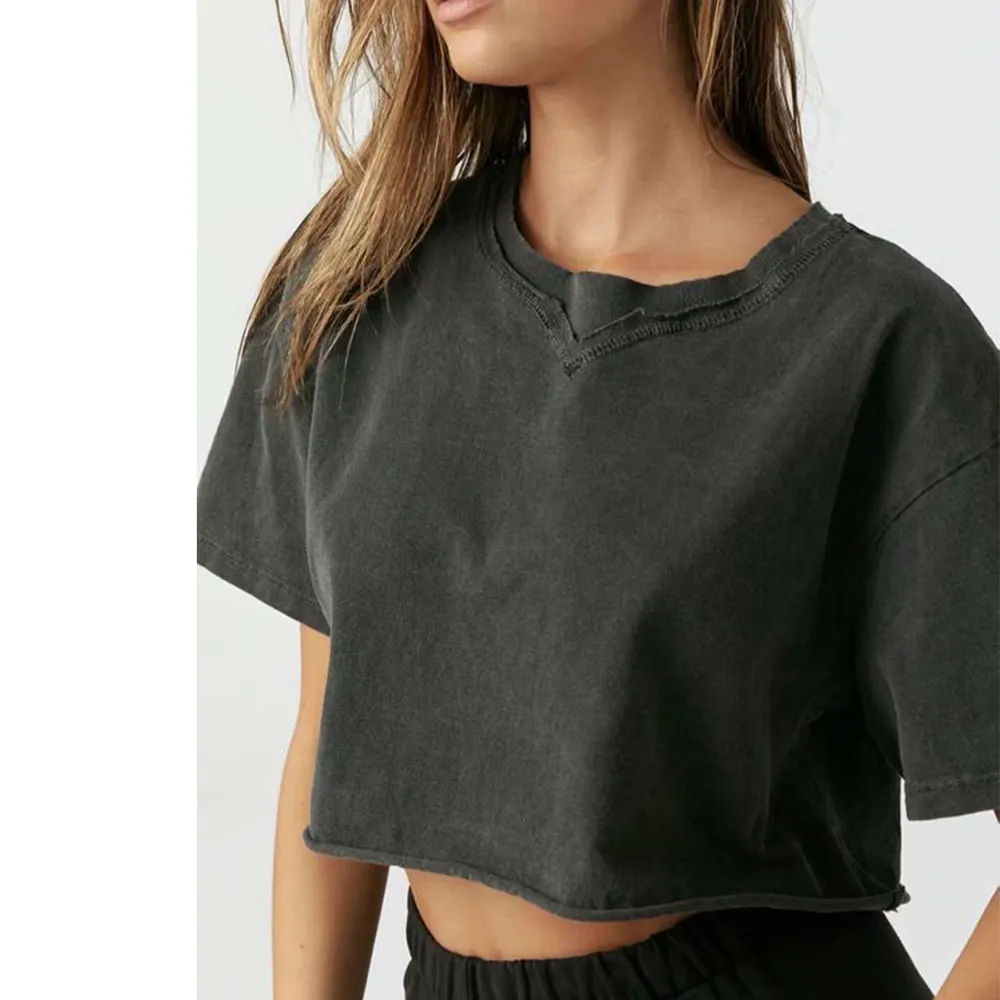 Summer 2021 Oversized T Shirt Women O Neck Short Sleeve Gray Casual Crop Tops Female Knitted Cotton Cropped Tops T-shirt