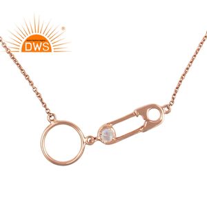 Collier en pierre de lune naturelle, broche de sécurité, chaîne, plaqué or Rose, en argent, fait à la main - Product Image 1