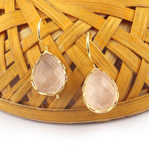 กุหลาบธรรมชาติควอตซ์ Prongs ตรวจสอบตัดตะขอต่างหูชุบทองที่ทำด้วยมือผู้หญิงต่างหู24พันชุบทองทองเหลืองแฟชั่นต่างหู - Product Image 6