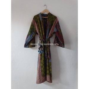 Bata de dormir estilo Kimono multicolor Ajrakh, para el trabajo, Kantha, acolchada, algodón, Maxi vestido hecho a mano - Product Image 6