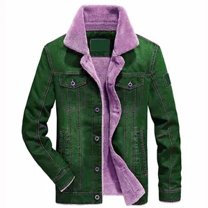 Chaqueta vaquera personalizada de nuevo estilo, forro polar Sherpa de color verde y morado, con cuello interior cálido