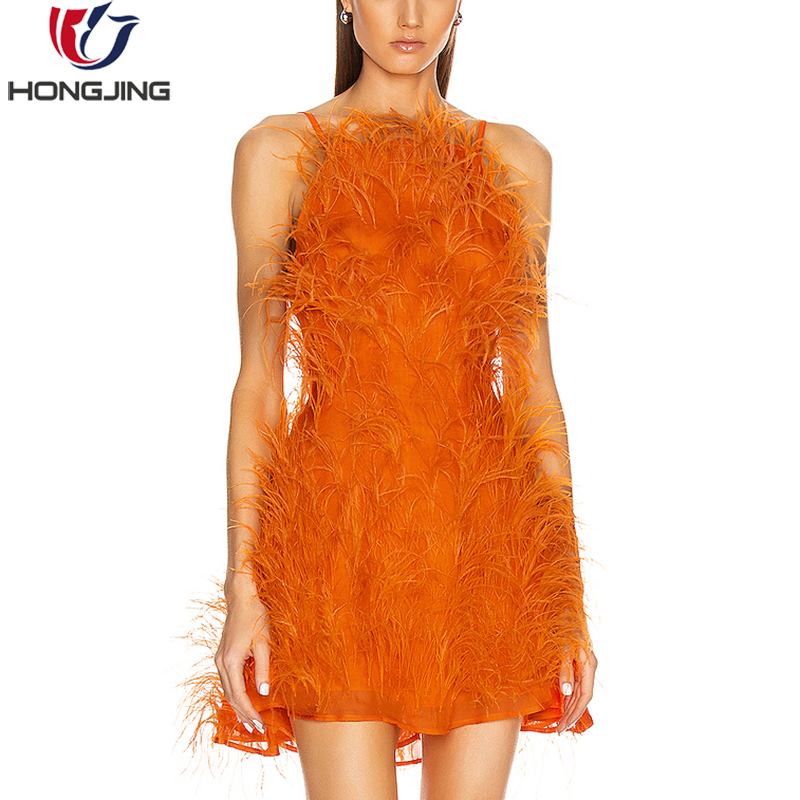 Unique Design Women Coral Prom Dyed Mini Ostrich Feather Dress Unique Design Women Coral Prom Dyed Mini Ostrich Feather Dress