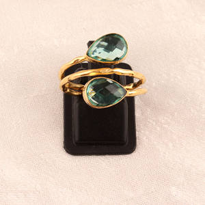 Handmade Designer Double Gemstone Apatite Quartz <b>Ring</b> Adjustable Textured Band Pear Drop Faceted Front Diamond <b>Thin</b> Band Jewelry - Product Image 4