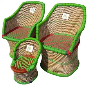 复古风格热销天然竹蔗木编织椅套装3件，用于客厅花园阳台户外套装