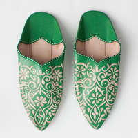 Babouches plates marocaines vertes en cuir véritable faites à la main pour femme, à bout pointu, motif floral, légères, anti-odeur, artisanat traditionnel