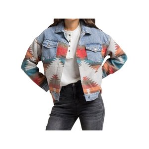 Women's Vintage Denim <b>Jacket</b> with Geometric Print Long Sleeve Lapel Cardigan for Winter Junior Size - Product Image 2