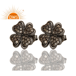 Pave Diamond <b>Set</b> Flower Shape <b>Stud</b> <b>Earrings</b> Jewelry Wholesaler Handmade <b>Silver</b> Jewelry Manufacturer - Product Image 2