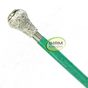 Ornate Silver Brass Knob Handle Wooden Walking Cane with <b>Green</b> Gemstone Accent | Luxury Vintage Mobility Support <b>Stick</b> for Men a - Product Image 3