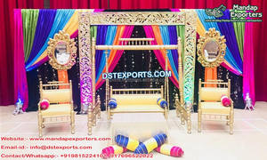 Escenario de eventos Mehndi y cortinas coloridas escenario decorado colorido para Mehndi musulmán Mehndi Sangeet decoración de fiesta de escenario - Product Image 4