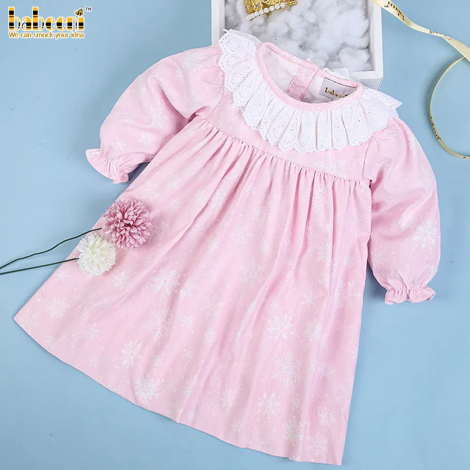 Pink snow flowers corduroy kids dresses for girls OEM ODM dress for baby hand made embroidery wholesale manufacturer - BB2383