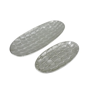 ชุดถาดรูปไข่ลายนูนสำหรับตกแต่งบ้านร้านอาหารโรงแรมถาดเสิร์ฟโลหะสีเงิน2ชุด - Product Image 2