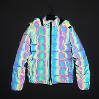 Blouson Bomber Décontracté Personnalisé Hiver Matelassé Arc-en-ciel Réfléchissant Broderie Laine Service OEM Respirant Séchage Rapide