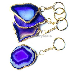 Buy Online Agate Slice Keychain with Metal Round Plated : Dark Blue Agate Slice Keychain with Metal Round Plated For Sale - Product Image 1
