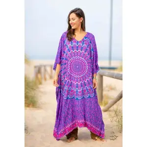 2024 नई आगमन रंगीन कफ्तान बोहो वी-नेकलाइन लंबी आस्तीन रेयान कफ्तान प्लस साइज बीचवियर कफ्तान ड्रेस