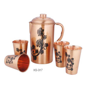 Jarra de agua de cobre hecha a mano con mango de metal de diseño clásico de vidrio, recipiente ecológico para uso en fiestas con aislamiento caliente/frío - Product Image 6