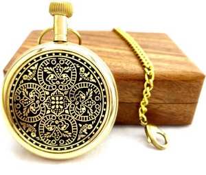 นาฬิกาทองเหลืองแอนะล็อกโบราณแบบพกพาพร้อมโซ่ทองเหลืองเต็มกล่องไม้มีสไตล์สำหรับวันพ่องานฝีมือคาลวิน - Product Image 5