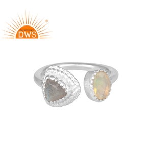Openable Round Cut Ethiopian Opal And <b>Labradorite</b> Gemstone 925 Sterling Fine Silver Open <b>Ring</b> Jewelry Manufacturer - Product Image 1