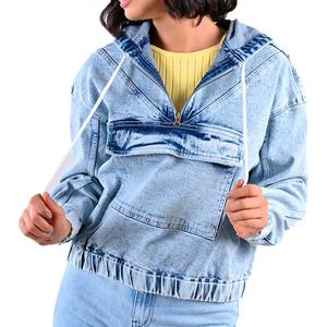 Sudadera vaquera de algodón con capucha para mujer, a la moda ropa de calle, ligera, hecha a medida - Product Image 1