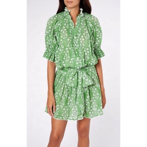 2021 Cảm Giác Nữ Tính Pintuck Chi Tiết Snug Hips Cotton Phụ Nữ Blouson Váy Màu Xanh Lá Cây Nhỏ Hoa Boho Chic Zig Zag Hem Cổ Điển Áo Dài - Product Image 1