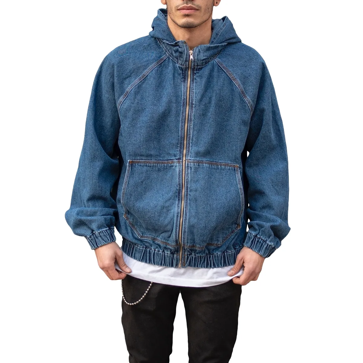 Oversize 90% Cotton 10% Polyester Men's Full Zipped Denim Outdoor Jacket in Navy Blue Wholesale Offer OEM Product 2023