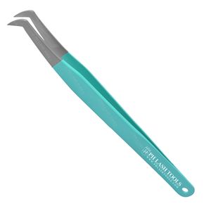 Russian Volume 75deg Eyelash Extension Tweezers Tip Satin and Cyan Color End Hole Design with Your Own Logo - Product Image 3