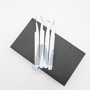 Ensemble de pinces à épiler professionnelles en acier inoxydable pour extensions de cils, revêtement blanc antistatique, précision, marque privée - Product Image 2
