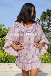 Floral Peach Color Rayon Long Sleeve Mini Poncho <b>Dress</b> Flossy Lace Embellishment Boho Sexy Beach Frill Fixed <b>String</b> Mirror - Product Image 3