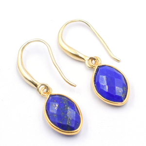 Pendiente de lapislázuli con forma de marquesa con alambre de oreja, bisel de plata, chapado en oro, hecho de accesorios de joyería de plata de ley - Product Image 1
