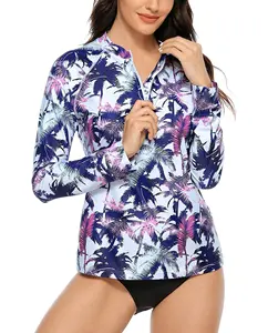 Long Sleeve Hooded Swim Shirts Full Zip Front Swimsuit Tops Floral Print Fashion Style Hoodie Shirt Compression Mma Rash Guard