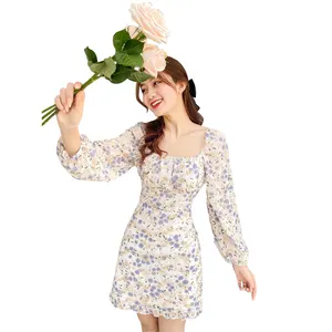 OEM ODM-ropa de verano, vestidos florales de gasa de manga larga con cuello cuadrado, vestidos informales, 2021, hechos en Vietnam