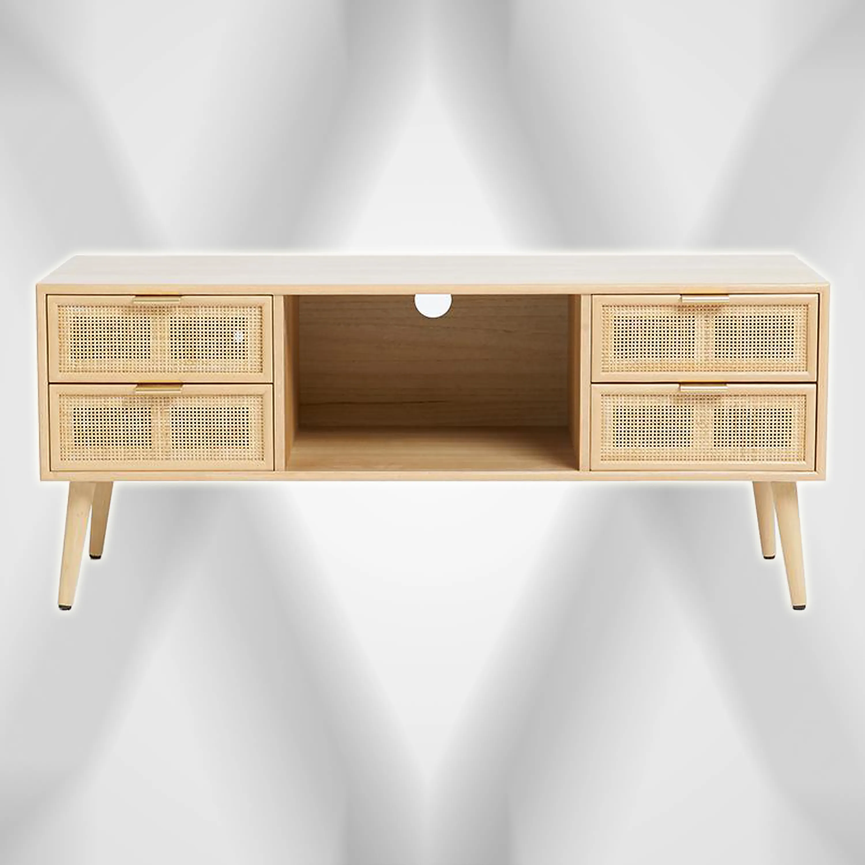Moderne antik Teakholz Holz Wohnzimmermöbel Fernsehtisch 4 Rattan-Schubladen mit Plattengriffen skandinavischer Heim-Stil für Hotels