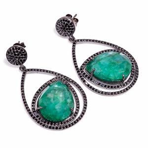 Fantásticos pendientes de gota de Plata de Ley 925 personalizados para mujer, piedra preciosa espinal verde esmeralda y negra, joyería fina, chapado en pavé negro - Product Image 1