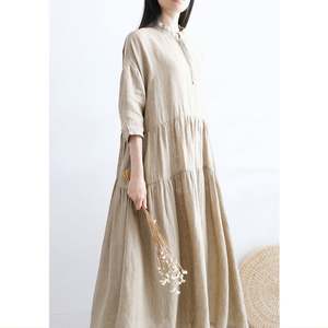 Robe longue en lin pour filles, kaki clair, boutonnée, col rond, été, respirante, en tissu crêpe, demi-manches - Product Image 5